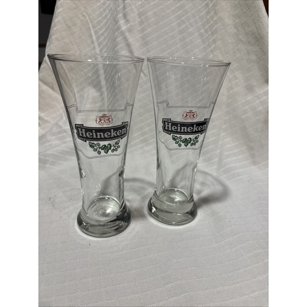 Vintage Heineken Lager Beer Logo Pilsner Glasses 7" Tall Lot Of 2